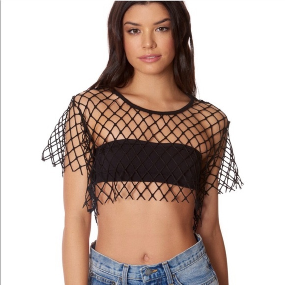 LF Emma and Sam Black Sheer Netted Crop Tee